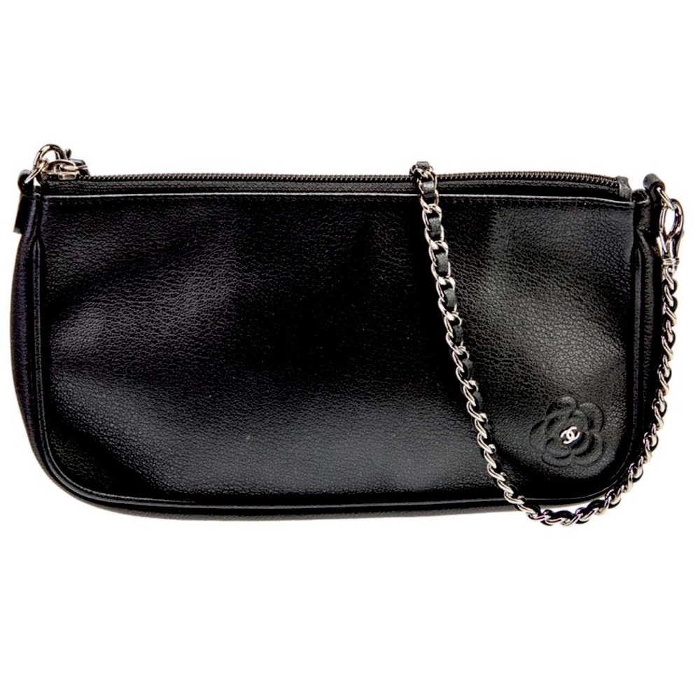 CHANEL Camelia CC pochette black lambskin leather handbag bag